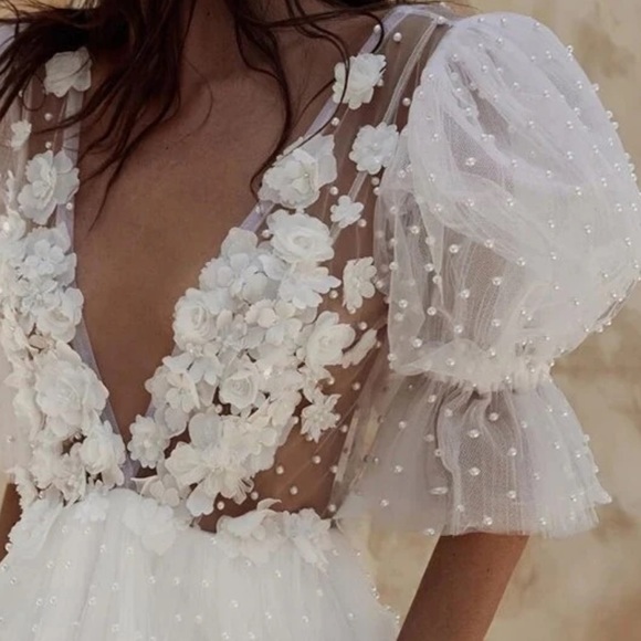 White Tulle Pearl Puff Sleeve Dress - Picture 2 of 4